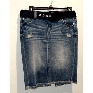 Joe Fresh Distressed Blue Denim Skirt with Black Belt Knee Length Size 8